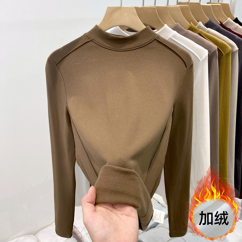 Флисовая полированная футболка с маленьким воротником-стойкой для женщин, весенняя, спереди «рыбья кость», плечо слим-фит, с длинным рукавом, футболка с топом внутри