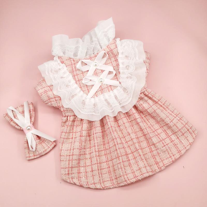 INS Pet Dog Plaid Dress with Clip Hair Cute Colling Set Cat Clothing Spring Autumn Niche Lace Dress Dog Clothing for Small Dogs