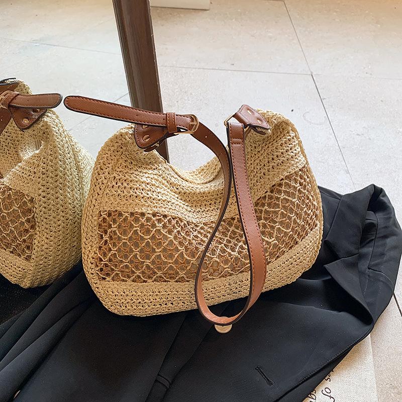 Пляжная соломенная сумка в праздничном стиле, женская, новая модная, плетеная сумка с прорезями, повседневная универсальная сумка через плечо, сумка-мессенджер, плетеная соломенная сумка-тоут для женщин