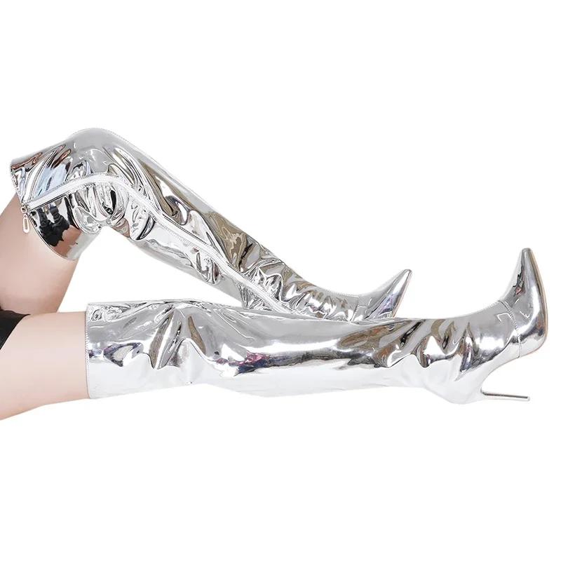 Женские ботинки, высокие сапоги выше колена на платформе с острым носком, осенне-зимние серебряные повседневные туфли на молнии в стиле панк на высоком тонком каблуке