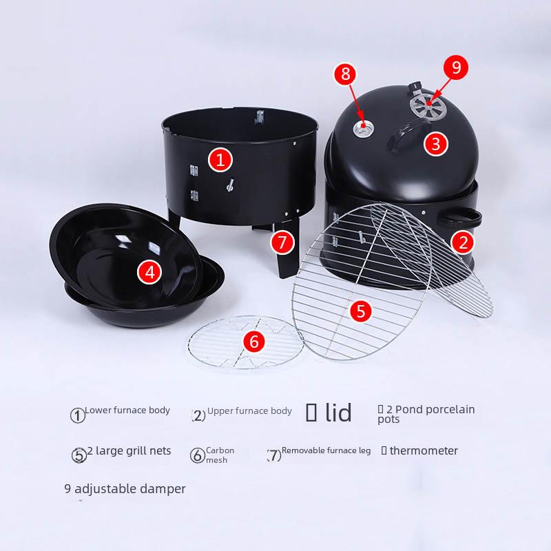 Коптильня BBQ 3-в-1: Коптильня, печь для тушения, печь для барбекю, жаровня для батата, конструкция в виде круглой бочки.