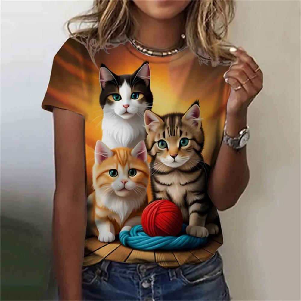 Модная женская футболка с 3D принтом Kawaii Cat Pattern, топ с короткими рукавами и круглым вырезом, летняя уличная повседневная уличная простая одежда