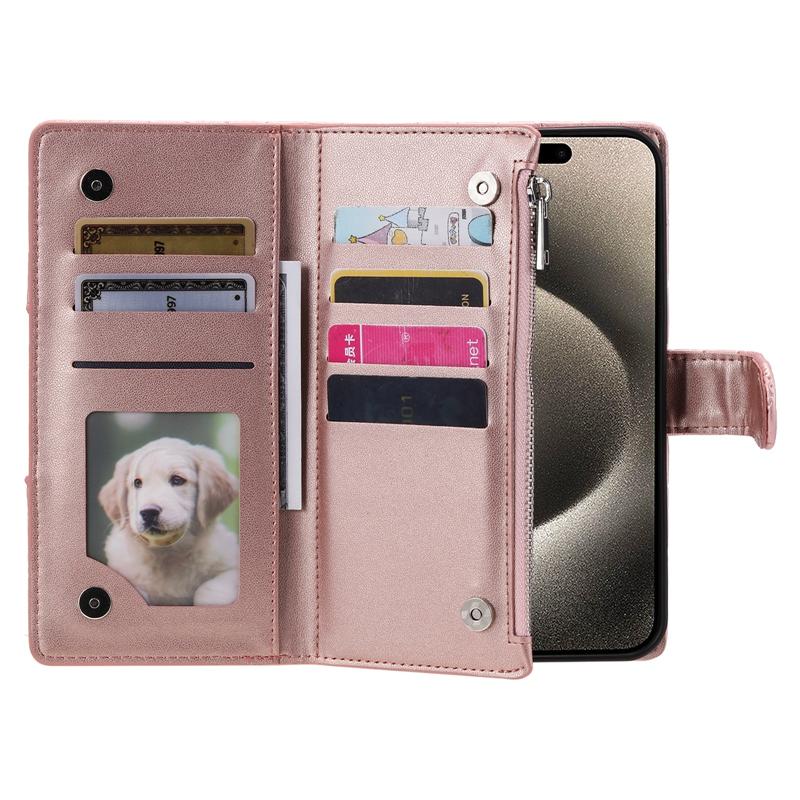 Luxury Glitter Powder Zipper Wallet Case with Card Slots for iPhone Samsung Xiaomi Redmi Google OPPO Long Strap + Short Strap Flip Leather Phone Bag