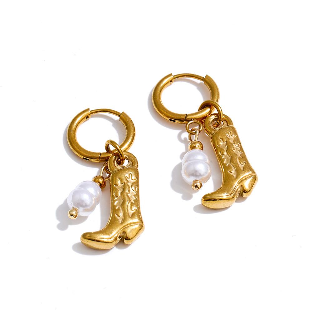 Yhpup Stylish Stainless Steel Boots Shoes Natural Pearls Drop Hoop Earrings for Women Daily Chic Charm Trendy Jewelry Wholesale
