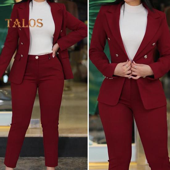 2 шт./комплект женский формальный пиджак брюки комплект с длинными рукавами двойные пуговицы узкий кардиган талия куртка средней длины прямые брюки с высокой талией формальный деловой