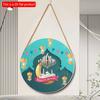 2D Flat 20*20cm1pc Happy Eid Mubarak Magnificent Mosque&lantern Patterns Good Quality Round Wooden Pendant, Celebrate Eid Golden Moon Ceiling Hanging