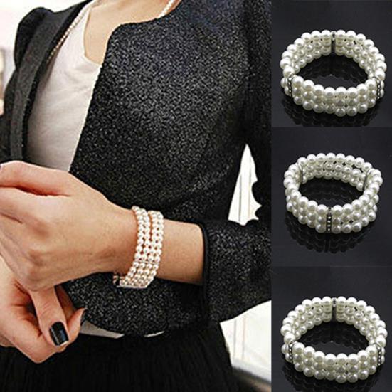 Fashion 3 Rows Faux Pearl Rhinestone Decor Elastic Stretchy Bangle Bracelet