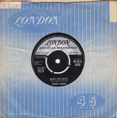 7-дюймовая пластинка БОББИ ДАРИН - Макки-нож 45HLK8939 London Records, 1959 Великобритания Рок Б/У