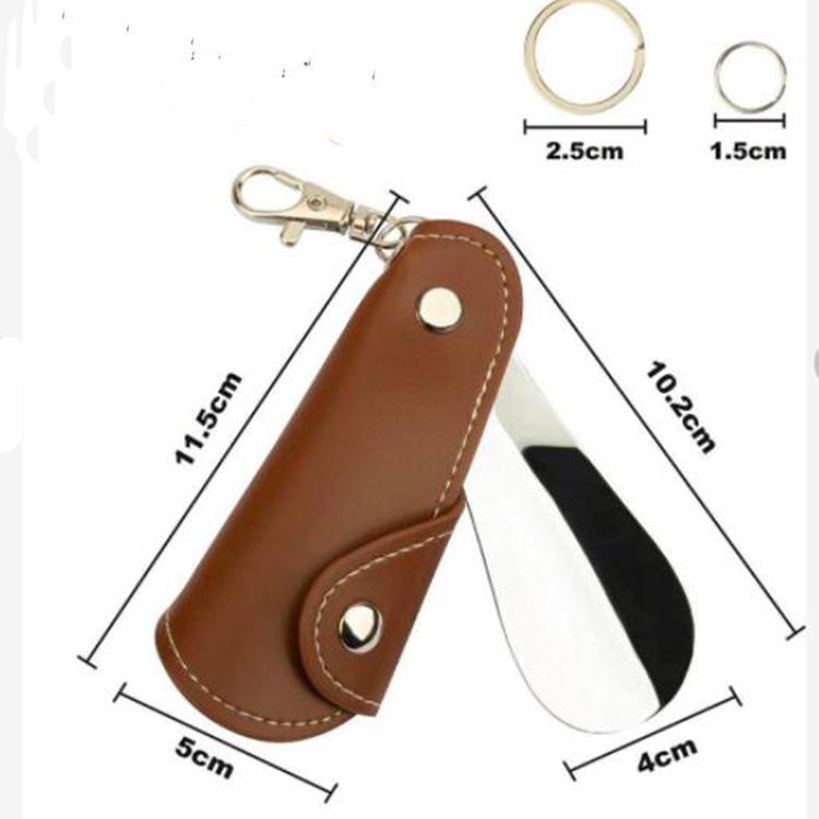 Metal & Leather Shoe Horn with Case - Unisex Mini Portable Shoe Puller with Hanging Buckle