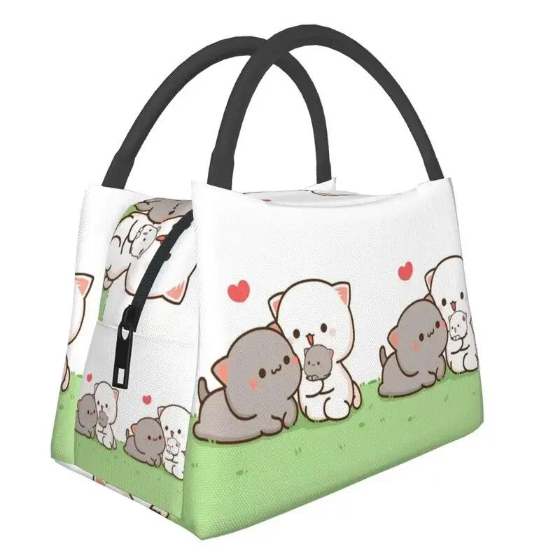 Kawaii Mochi Cat Peach And Goma Thermal Insulated Lunch Bags Women Resuable Lunch Tote for Outdoor Picnic Storage Meal Food Box