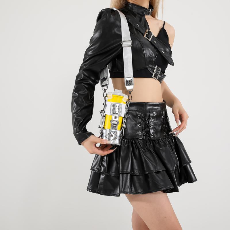 Punk Women Mini Bucket Tote Bag Motorclye Girls Crossbody Bag For Water Bottle Gothic Female Shoulder Bag Rivet Black Handbag