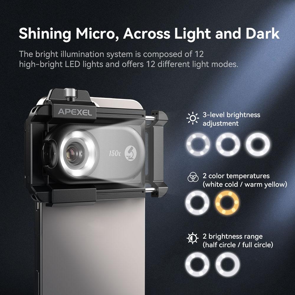 APEXEL APL-MS150 150X Mobile Phone Microscope Lens with LED/ UV Lights Built-in CPL Filter Battery