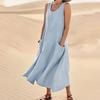 Women Casual Summer Plus Size Cotton Linen Dresses Plain Loose Round Neck Pocket Sleeveless Long Dress