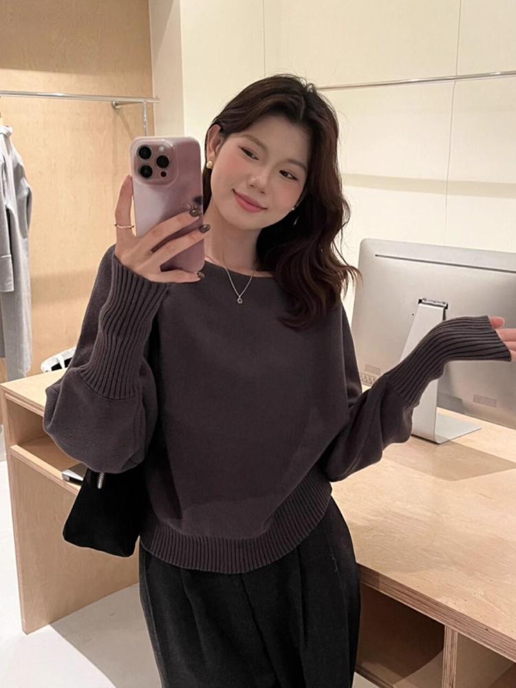 Женский сексуальный мягкий восковой свитер с открытыми плечами, осенний корейский модный новый однотонный повседневный пуловер серо-черного цвета, одежда