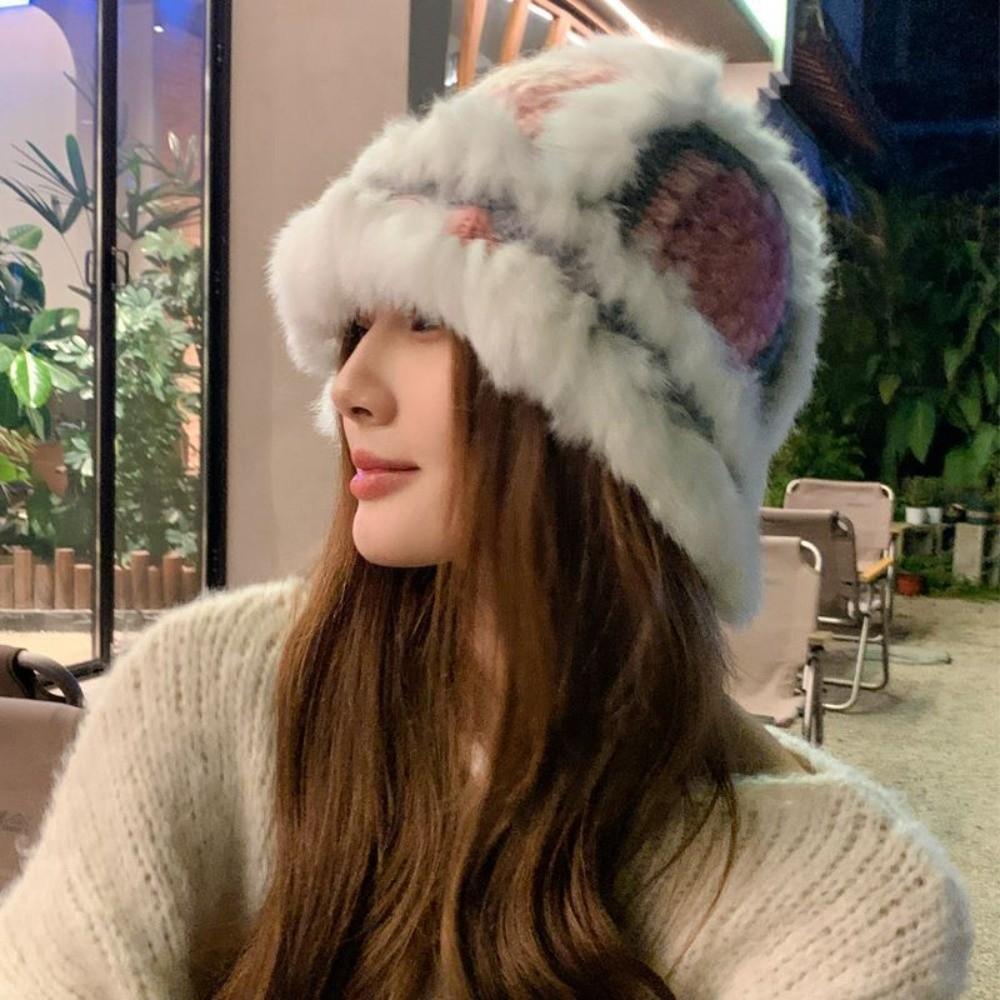 Faux Rabbit Fur Earflap Bucket Hat Fluffy Winter Windproof Hat Warm Fisherman Knitted Hat Girls