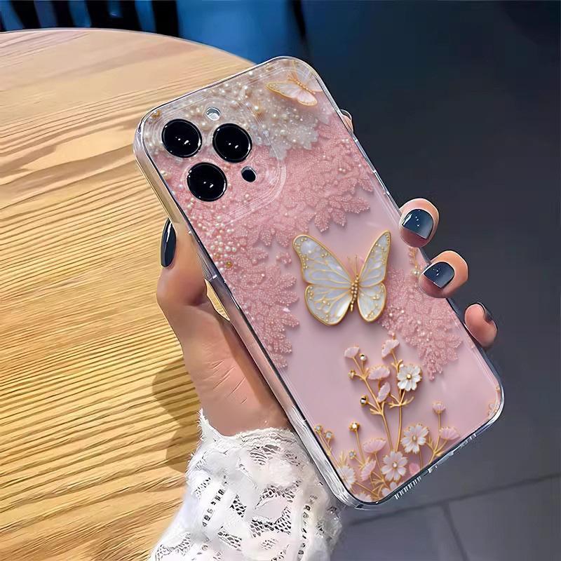 Pink Lace Butterfly Design Clear Phone Case For iPhone 17 16 15 14 Pro Max 13 12 11 7 8 Plus 16e 17 Air Soft TPU Cover