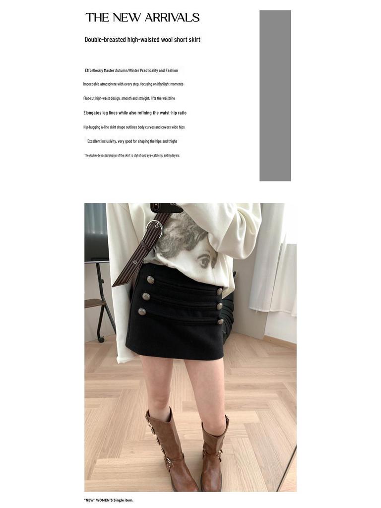 Moqie Stylish Retro Double-Breasted High-Waist Slim A-line Wool Skirt MQ1075
