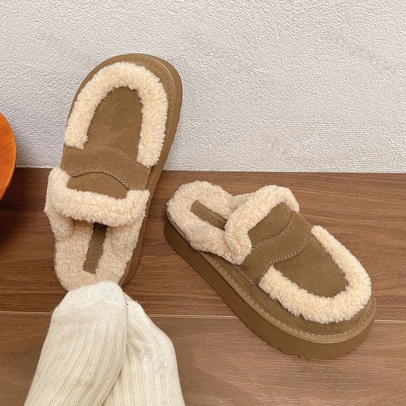 Winter Women Designer Fur Slippers Warm Boots Platform Flip Flops 2024 New Short Plush Flats Home Cotton Shoe Ladies Suede Mules
