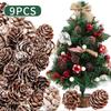 9PCS Christmas Mini Natural Pine Cone with String for Christmas Tree Silver Pine Pine Cones for DIY Ornament Xmas Party Decoration