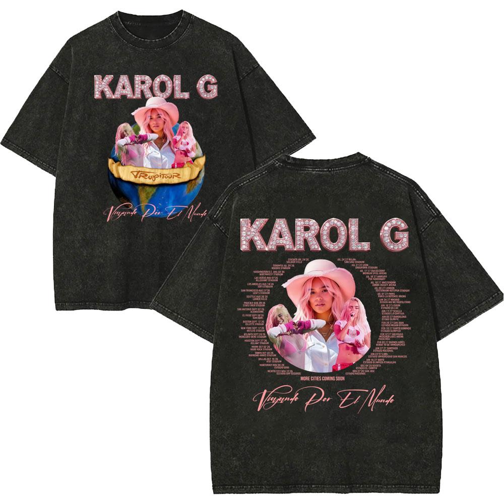 Vintage Washed Karol G Tropicoqueta Tour 2026 Tshirts Men Women Fashion Pop Music T Shirt Summer Casual Loose Cotton Tshirt