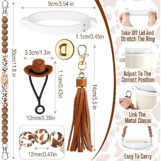 Skylety 5 Pcs Cowboy Hat Silicone Cup Accessory Set Compatible with Stanley Cups Includes Cow Hat Straw Cover Beaded Bottle Strap Leather Tassel