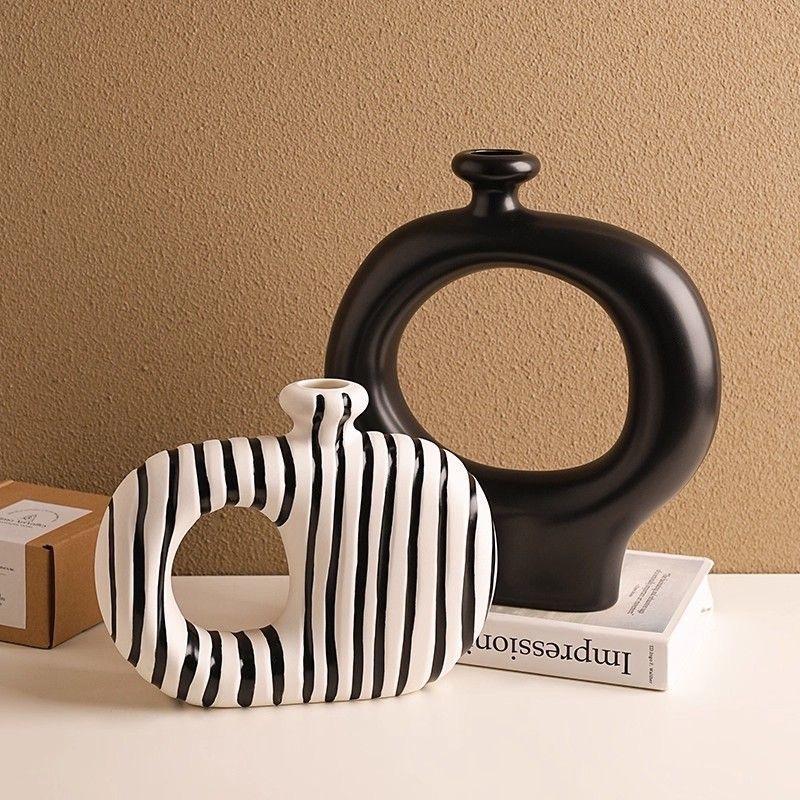 2PCS/Set Creative Modern Black and White Striped Ceramic Vase, Irregular Decorative Flower Vase for Home Decor