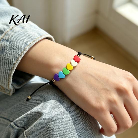 Lightweight Soft Clay Accessory Colorful Hearts Bracelet, Handmade Braided Cord String Adjustable Boho Style Woven Bracelet Heart Shaped Beads Jewelry