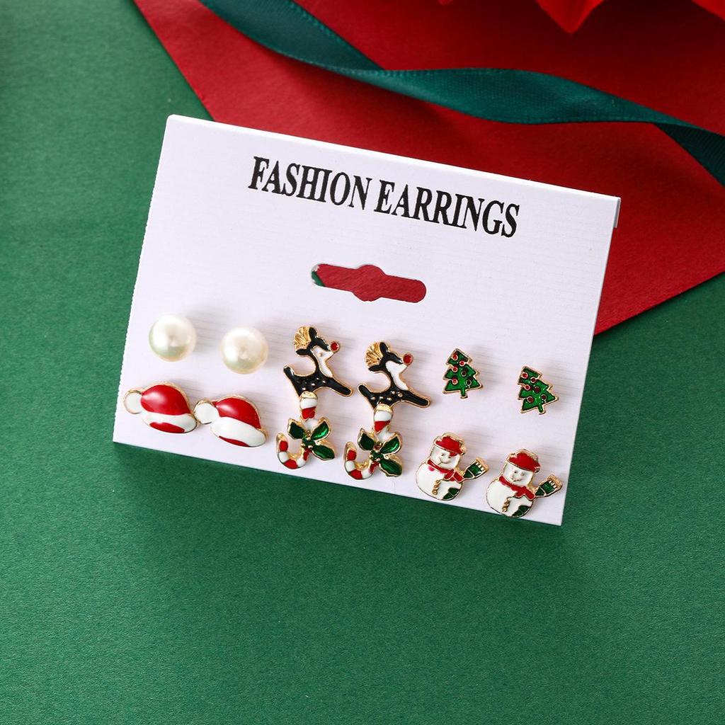 High-End Christmas Cartoon Earrings Set: Pearl Elk, Santa Hat, Snowman, and Candy Cane Designs for Women