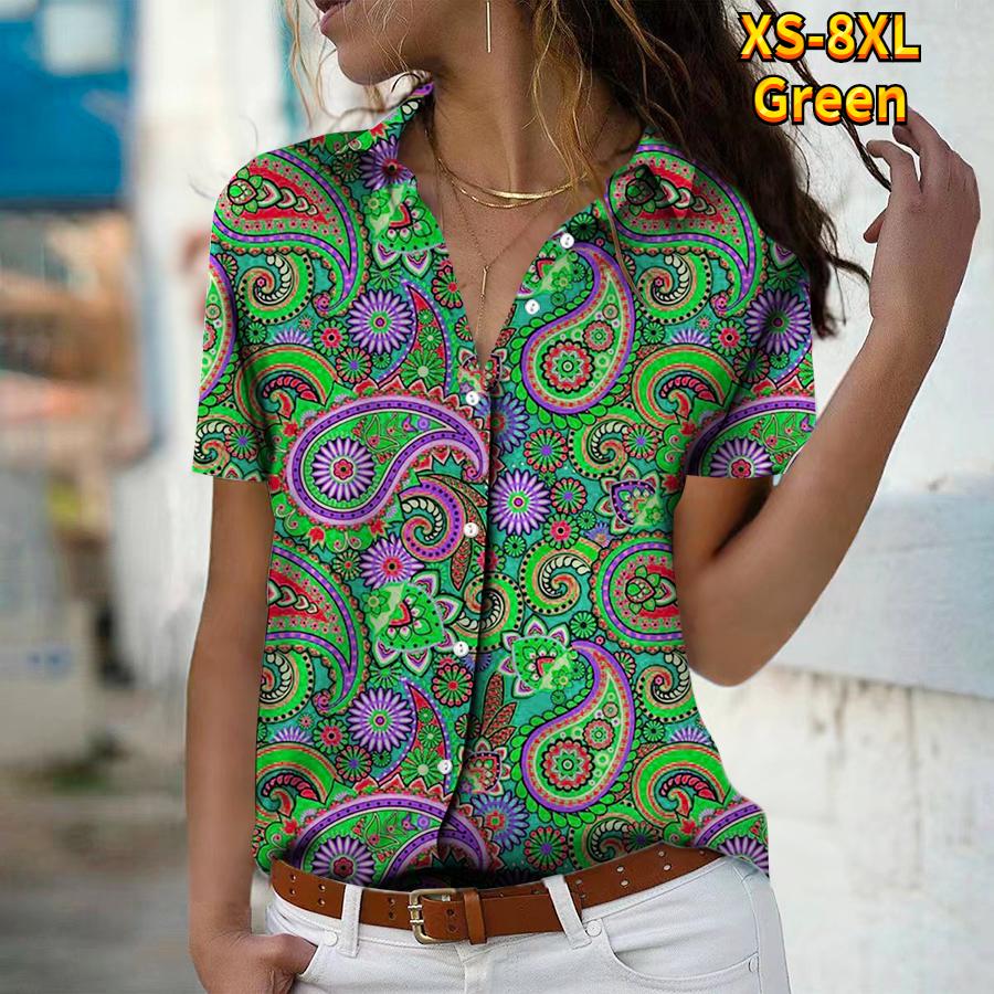 Лето 2025 Новая Мода Женская Рубашка Топ с Коротким Рукавом, V-образным Вырезом, Пуговицами, в Стиле Ретро с Принтом