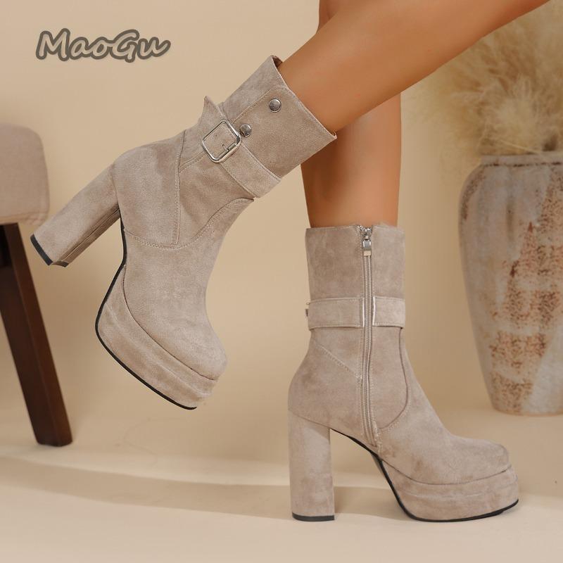 Мода Винтаж Платформа Толстый Высокий Каблук Женские Ботильоны Мода Боковая Молния Осень Зима Женские Вестерн Короткие Ботильоны Zapatos De Mujer