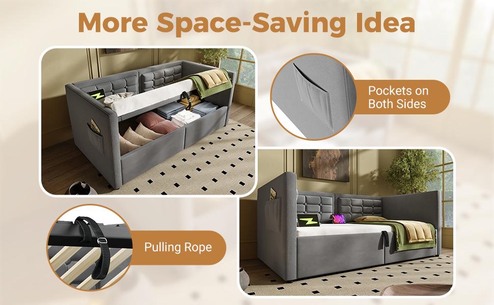 Sofa Bed 90x200 cm, Single Sofa Bed with Hydraulic Storage USB & Type-C Charging, Guest Bed with Slatted Base, Grey, Velvet, Without Mattress.