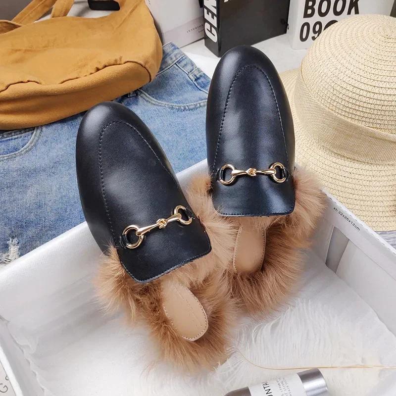 Модная женская одежда Mueller Shoes Тапочки из кроличьего меха Осень-зима Супер горячие ленивые тапочки с плоским дном, покрытые носком, полутапочки