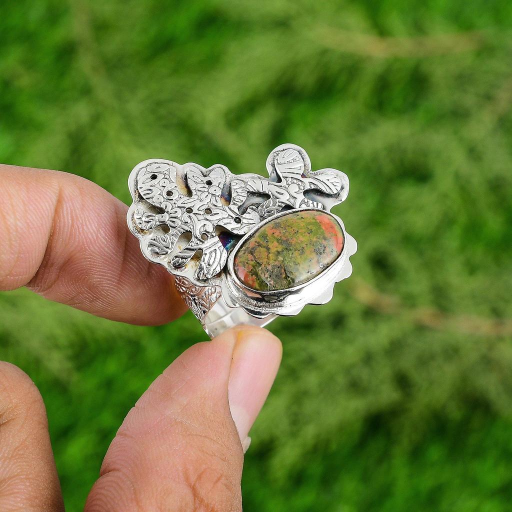 Mothers day Sale Heart Chakra Unakite Gemstone Bezel Daughter Ring 925 Silver