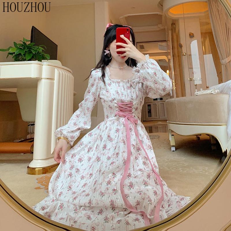 HOUZHOU Платье миди с цветочным принтом для девочек с квадратным воротником и короткими рукавами, корейское милое кавайное элегантное шикарное платье феи