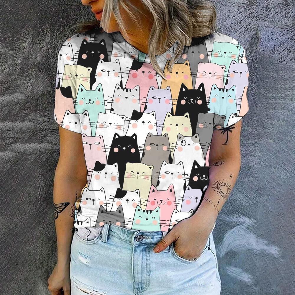 Футболка с круглым вырезом и принтом мультяшного кота, летняя, повседневная, дышащая, свободная, уличная, простая, женская футболка, топ