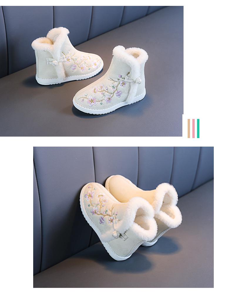 Зимние сапоги для девочек из бархата 2024 года — зимняя обувь в стиле ханьфу с вышивкой для детей