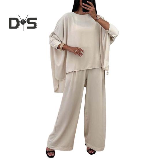 2 шт./комплект женский топ брюки костюм круглый вырез нерегулярный подол рукава летучая мышь однотонная блузка эластичная талия широкие брюки повседневная одежда для поездок на работу