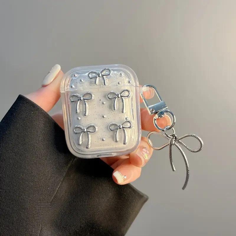 Применимый защитный чехол-крышка для наушников Airpods 1 / 2 поколения Airpodspro 3 поколения Серебристая бусина Креативный женский бант