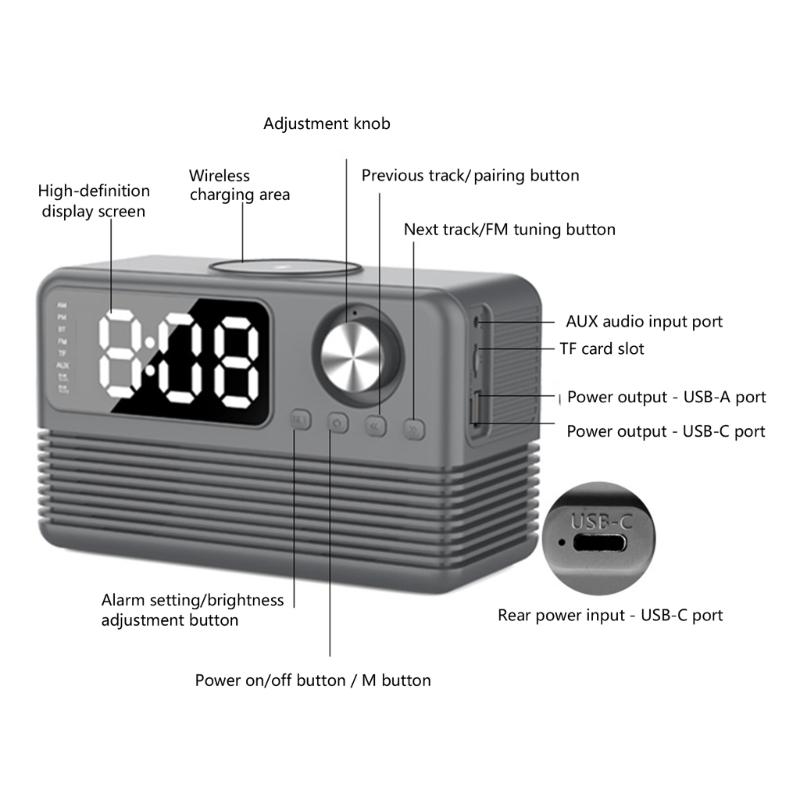 15-ваттная беспроводная зарядка, Bluetooth-совместимая колонка со светодиодным зеркальным будильником, двойной будильник, защита от кражи, подходит для дома и офиса