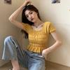 Нежный стиль, короткий вязаный свитер с рукавами, женский летний корейский вариант, облегающий короткий базовый топ