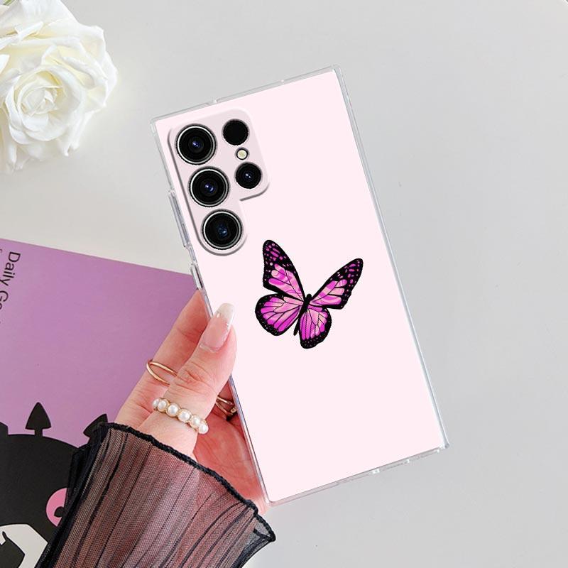Beauty Pink Butterfly Phone Case S25Ultra For Samsung Galaxy S25 S24 S23 S21 Ultra S20 FE S22 Plus A35 A55 5G Case Clear Cover