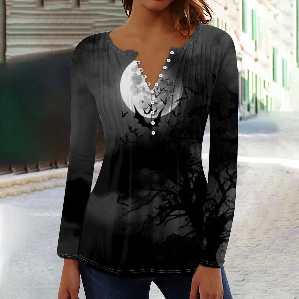 Женский топ с длинными рукавами и плиссированным воротником на пуговицах с принтом Хэллоуина, весна-осень