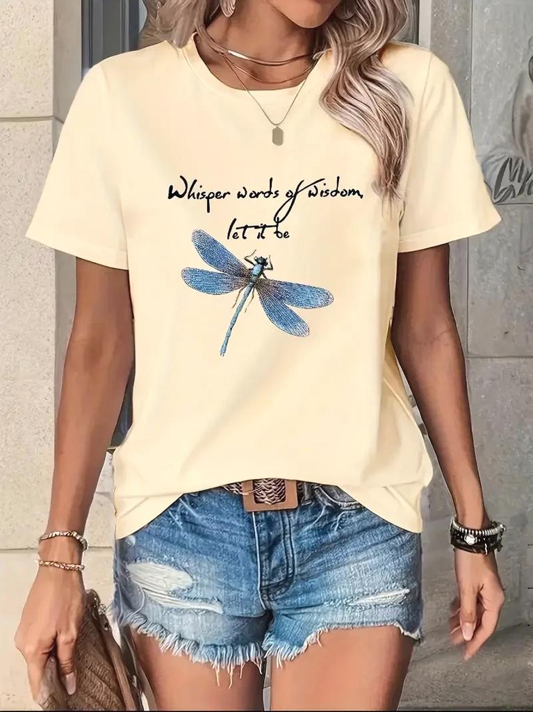 Dragonfly Printed Short Sleeve T Shirt Women's Roundneck T-Shirt Harajuku Graphic Clothing Women's Casual Top Clothing