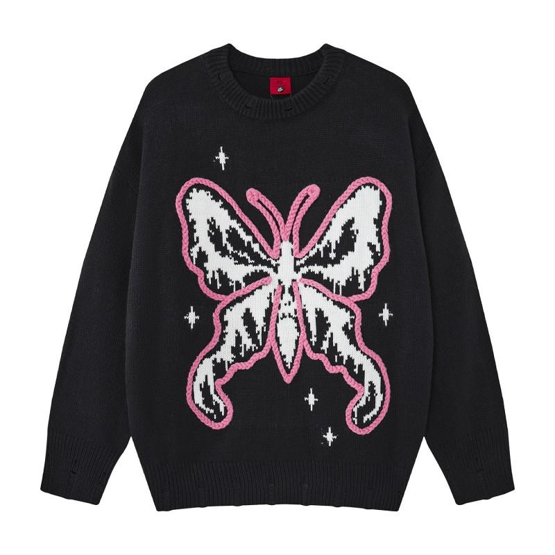Womens Butterfly Jacquard Sweater Loose Street Style Round Neck Long Sleeve Fall Winter