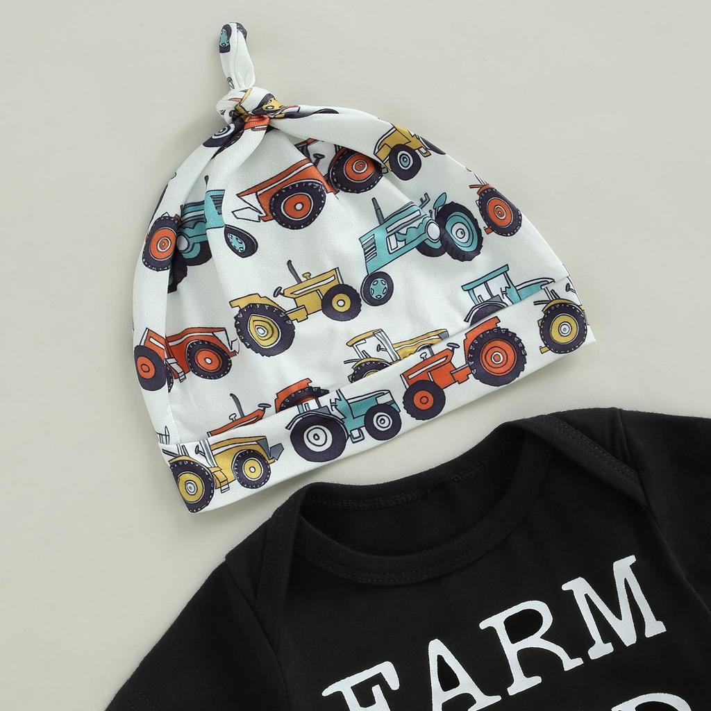 Baby Baby Boys Causal Clothes Sets 3M 6M 12M 18M 3pcs Short Sleeve Letter Print Romper + Tractor/Chicken Pants + Knot Hat Set