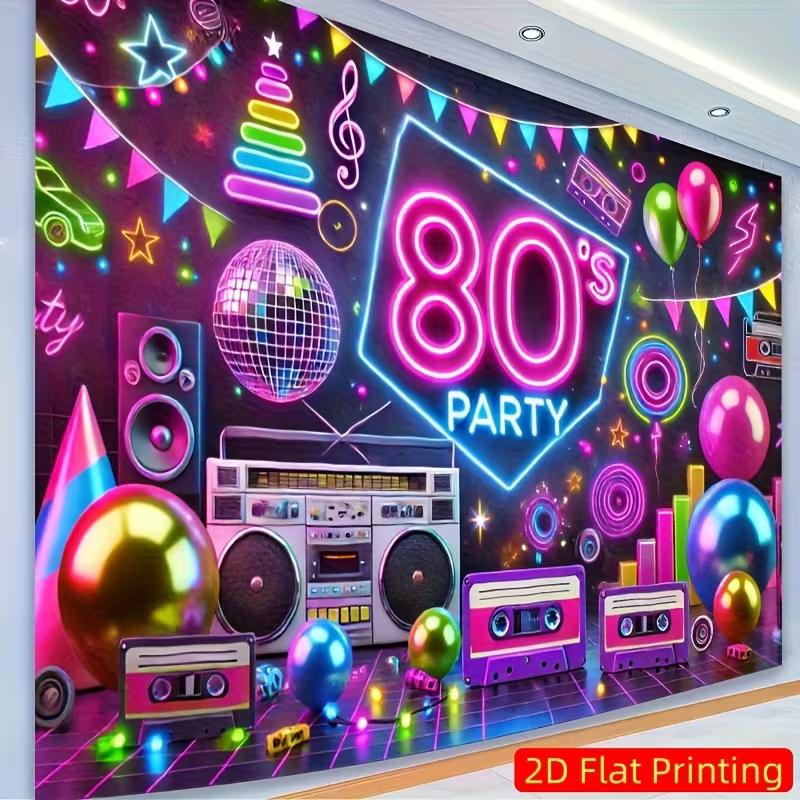 2D 80s Party Banner, Neon Boombox & Disco Ball Background