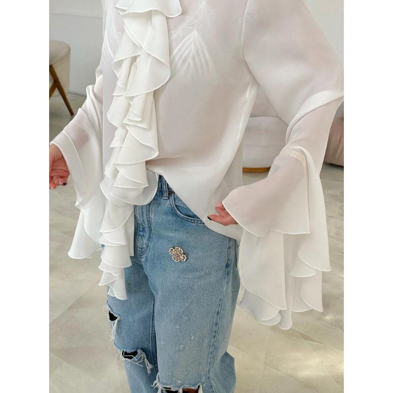 Женский осенне-зимний кардиган с длинными рукавами и оборками в стиле темперамент