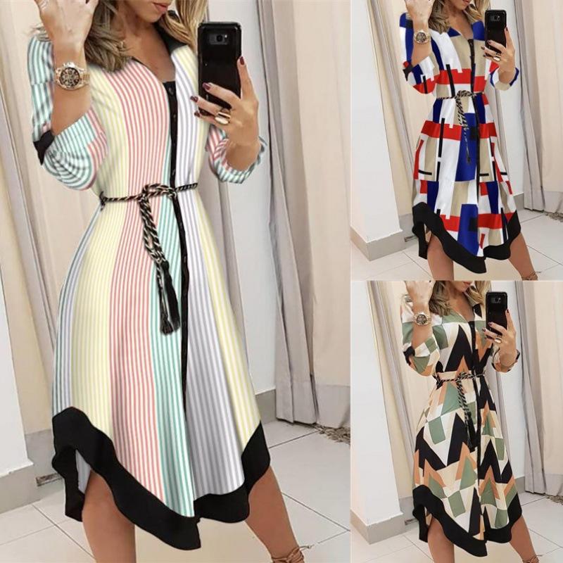 Multi-color Waist Tie Dress European and American Style Slimming Mid-Length Printed Dress Multiple Patterns Available