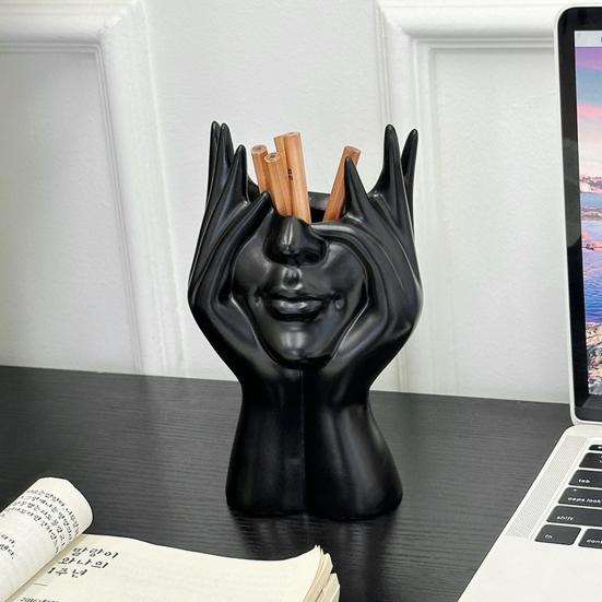 Abstract Face Design Pen Holder Creative Sculpture Large Capacity Desktop Organizer for Pens Erasers Crayons Markers Makeup Brush