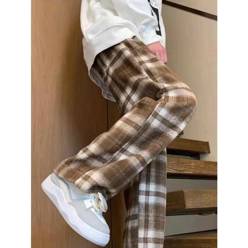 Contrasting Color Personalized Plaid Straight-leg Pants Loose and Drape Wide-leg Casual Trousers 1